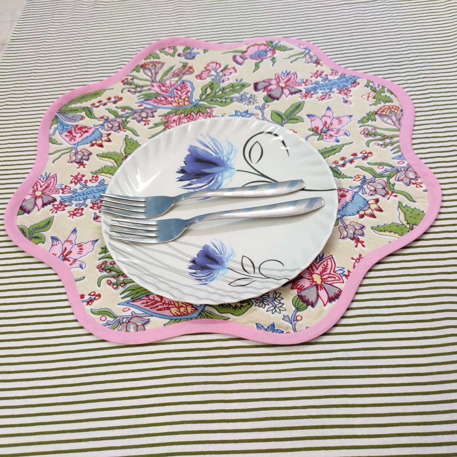 Baby Pink Flower Placemat 'block Print' Fabric Table Etsy