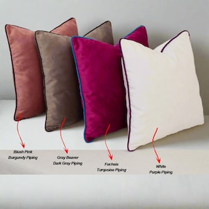 Customised piping decorative throw pillow covers made of upholstery velvet fabric. Personalised piping velvet cushions.