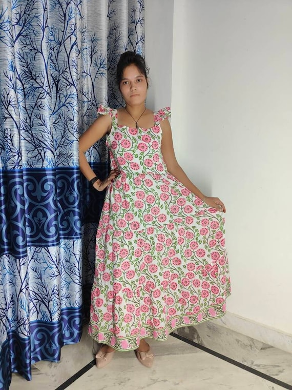 Hand Block Printed Dress, Pink Flower Indian Tunics, Hand Printed Dress,  Indian Cotton Long Gown, Indian Cotton Dress, Printed Dress - Etsy