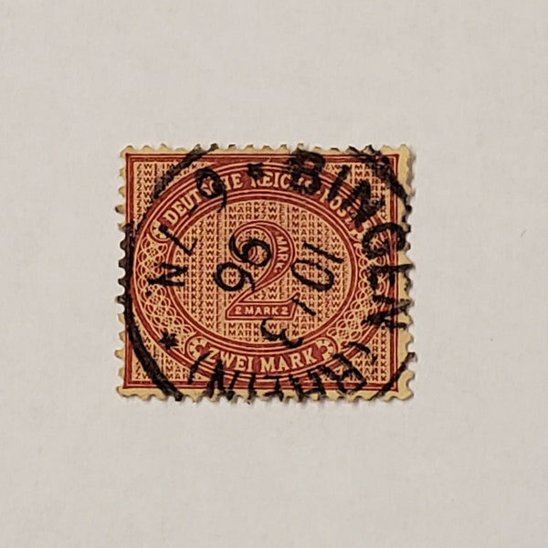 Alemania 1875 Deutsche Reich Post Extra Value Stamp 2 Mark. Gran cancelación fechada en 1896 Bingen (Rhein).