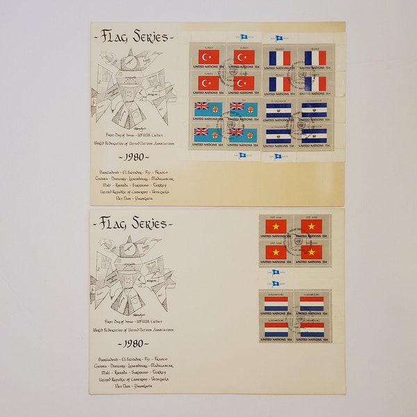 Two 1980 United Nations FDC Flag Series Oversized Cachet's w/ tabs. World Federation of United Nations Associations. Chiam Gross Artist