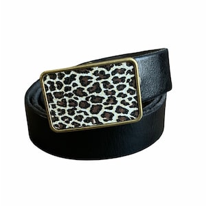 Leopard Print Leather Belt Buckle: Interchangeable Antique Brass