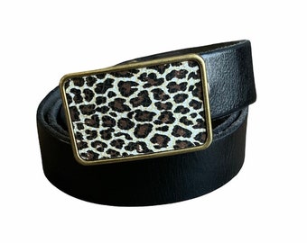Leopard Print Leather Belt Buckle: Interchangeable Antique Brass