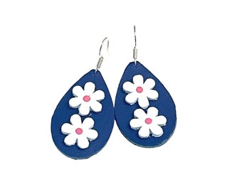 Royal Blue Leather Flower Earrings: Nickel Free Bohemian Dangles