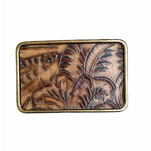Brown Tooled Leather Belt Buckle, Embossed Leather, Western Belt Buckle for Women, Interchangeable With Belt, Unique Gift
