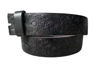 Black Embossed Leather Belt, Full Grain Leather, Interchangeable Snap Belt, Country Western, Holiday gift, No Buckle Belt, Tooled Belt Strap