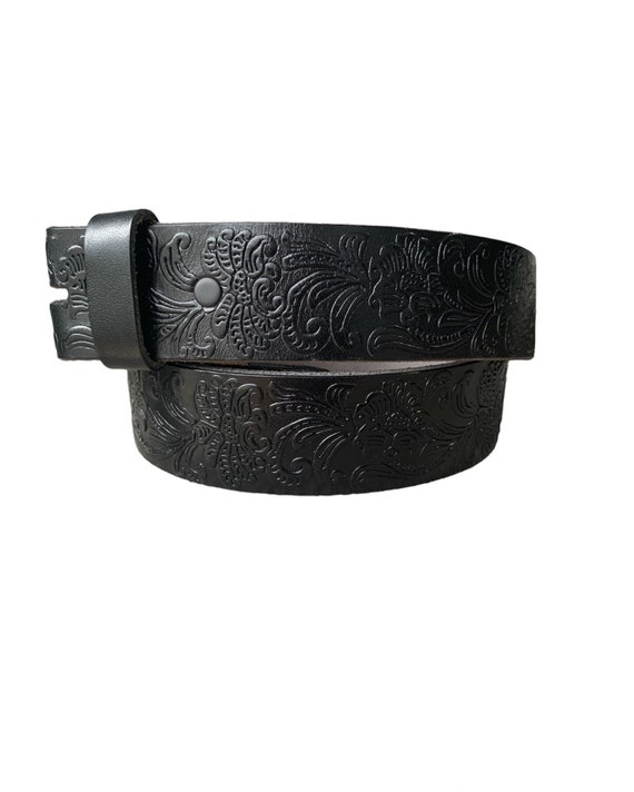 Black Embossed Western Leather Belt: Interchangeable Snap Belt Strap