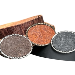 Embossed Leather Belt Buckle in Dark Brown, Genuine Leather, Interchangeable Rope Buckle for Belt, Country Western Style, Buckle for Women