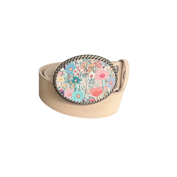Watercolor Pastel Flowers Leather Belt Buckle, Oval Rope Belt Buckle, Interchangeable With Belt, Floral Nature Inspired, Bohemian Style