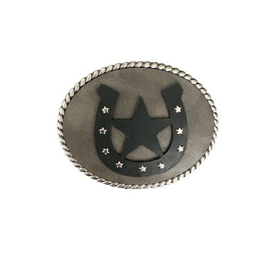 Horseshoe Star Leather Belt Buckle: Rustic Gray Oval Rope 
