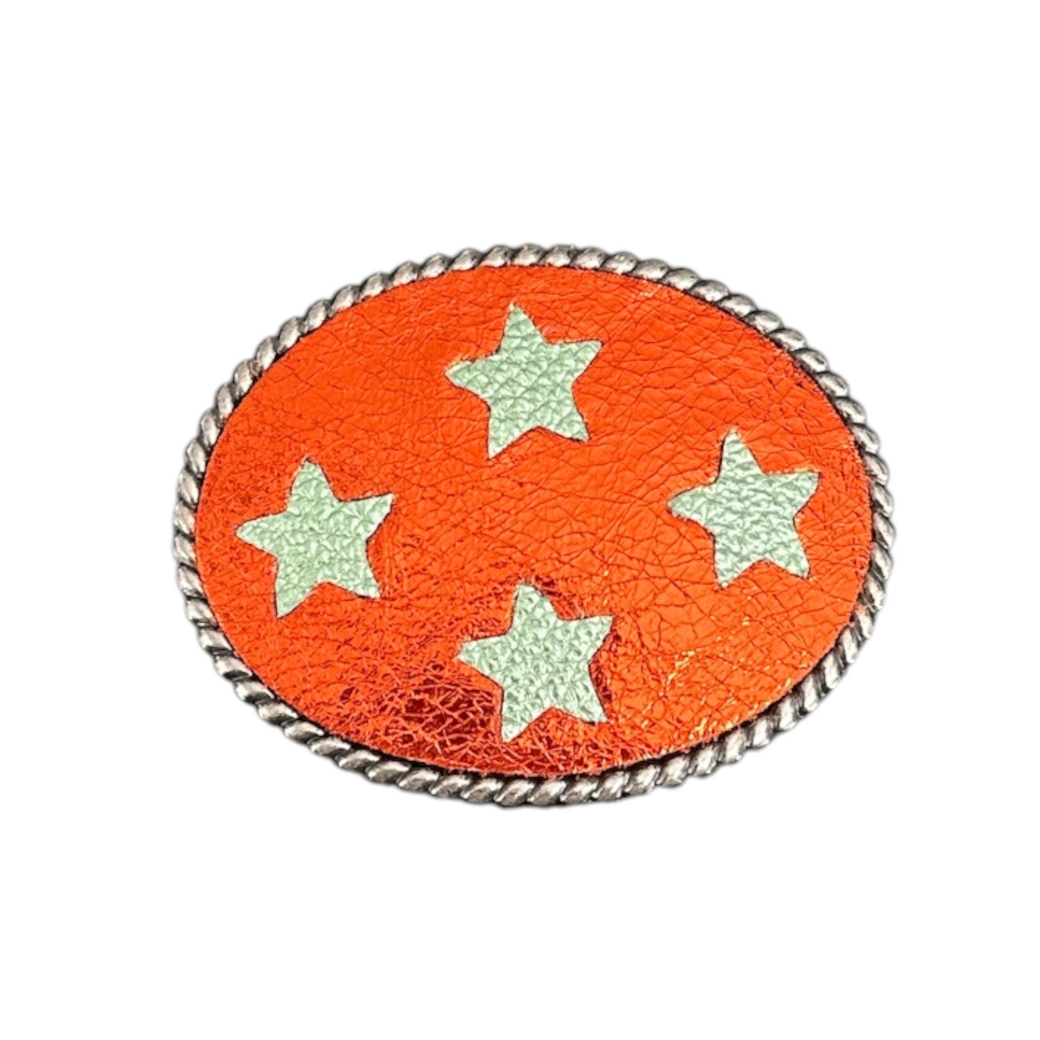 Star Concert Belt Buckle in Metallic Orange: Antique Brass Finish, Fits 1.5" Belts