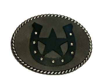 Horseshoe Star Leather Belt Buckle: Rustic Gray Oval Rope  display picture 2