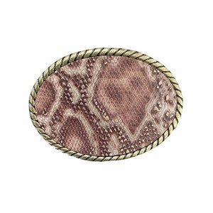 May include: An oval-shaped belt buckle with a brown snakeskin pattern and a gold-colored rope border.