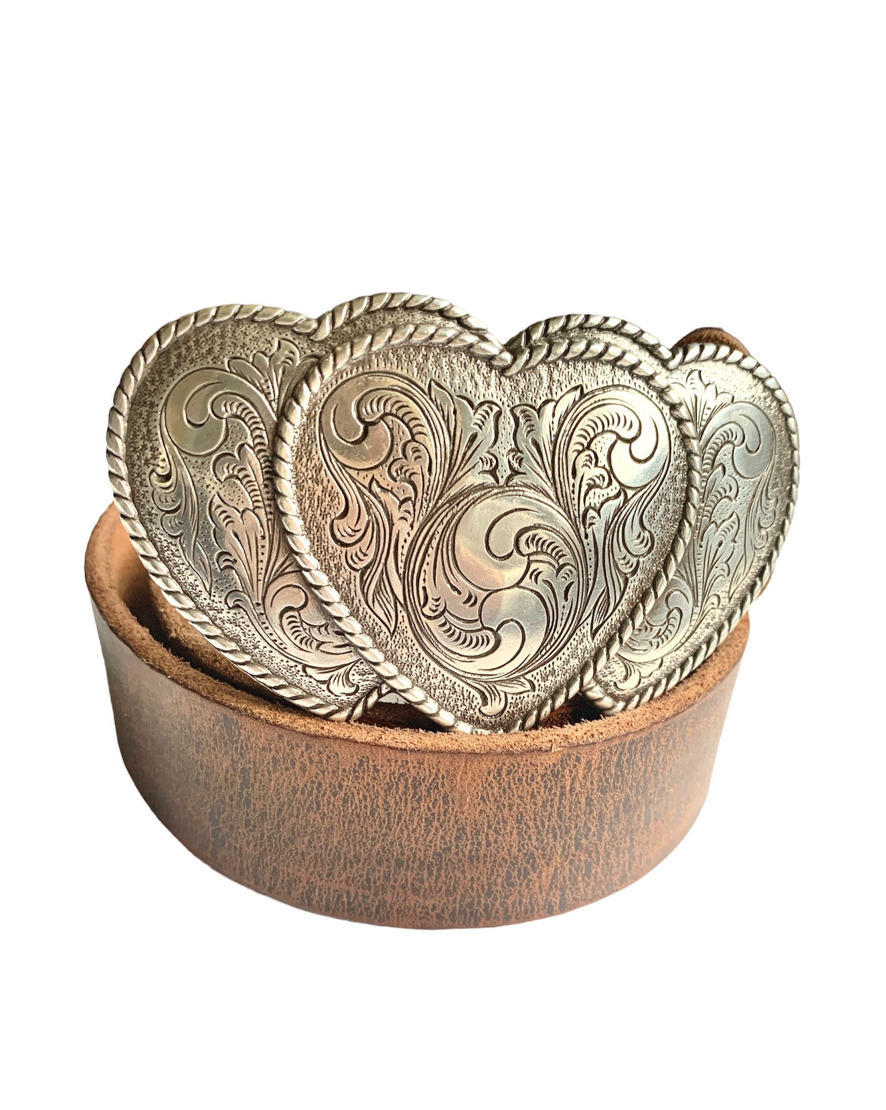 Women\'s Tooled Leather Western Belt with Ornate Heart Buckle - Brown & Silver Western Floral Tooled Belt 7 Pcs Prepack - RMB 001 - Leather  main image 2