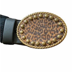 Cheetah Leather Belt Buckle: Antique Brass Rope Edge, Interchangeable