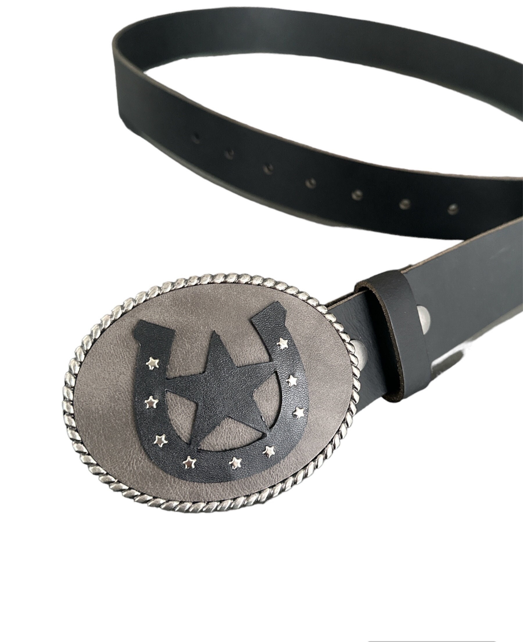 Horseshoe Star Leather Belt Buckle: Rustic Gray Oval Rope  display picture 3