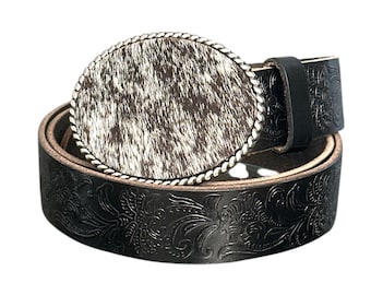 Hair On Hide Belt Buckle, Country Western Style, Antique Finish