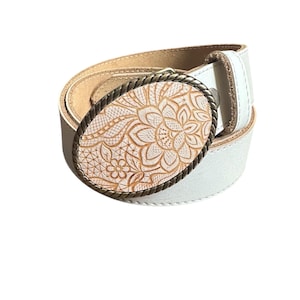 Tooled Leather Belt Buckle, Embossed Creme and Brown Leather, Western Belt Buckle for Women, Interchangeable With Belt, Floral Pattern