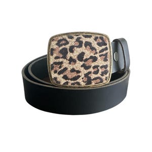 Rustic Cheetah Print Leather Belt Buckle: Antique Brass Finish