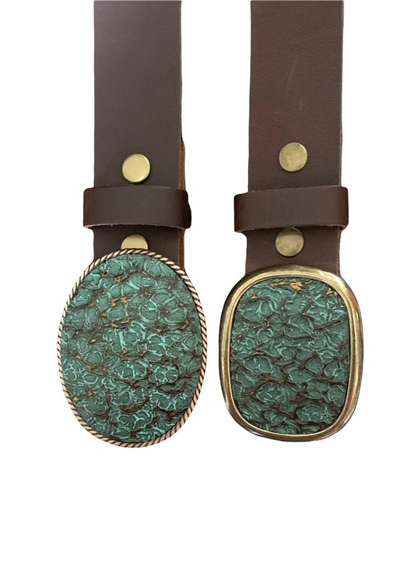 Turquoise Embossed Leather Belt Buckle, Brass Accent, Fits  display picture 3