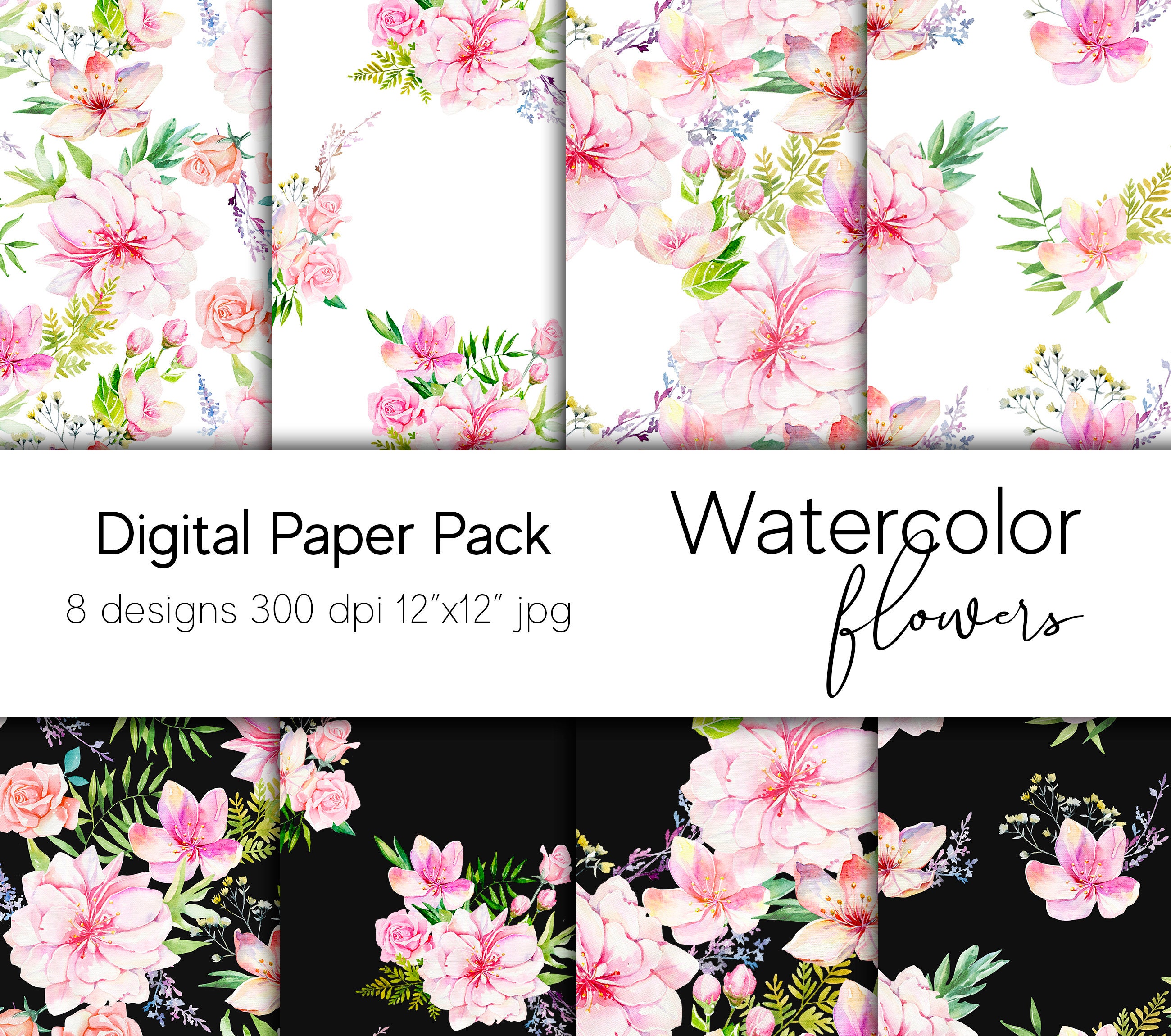 Pink Flowers Digital Paper Flowers Watercolor D Y Pack Etsy