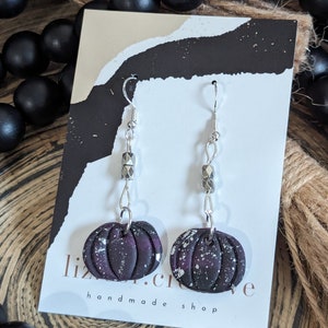 Black Glitter Pumpkin Earrings: Silver Dangle Polymer Clay Halloween Jewelry