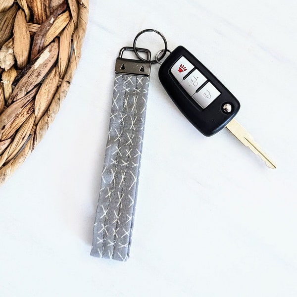 Mellow Gray Tribal Fabric Keychain Wristlet// Key FOB// Keyring// Gift Ideas// Rustic Accessory// Lightweight Keychain//