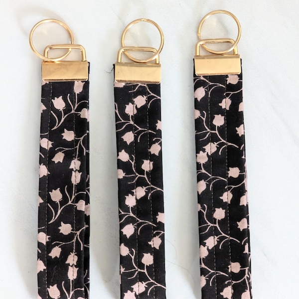 Brown and Pink Tulip Boho Fabric Keychain Wristlet// Key FOB// Keyring// Gift Ideas// Rustic Romantic Accessory// Lightweight Keychain