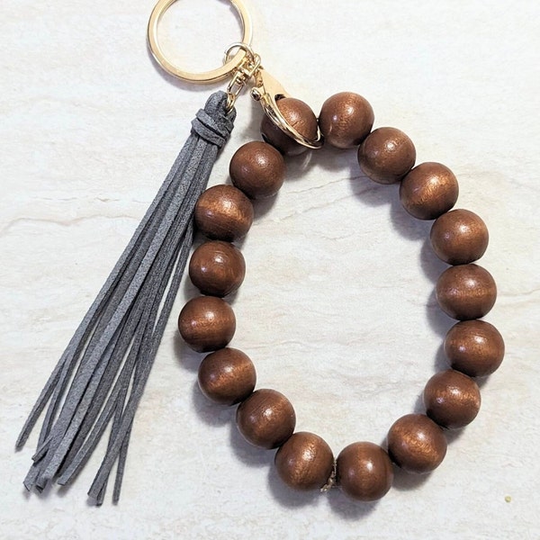 Wood Bead Keyring Bracelet with Suede Tassel// O ringBracelet Boho// Wristlet Keyring// Unique Gift