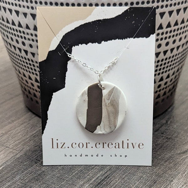 Brown and White Clay Pendant Necklace/Earth Tone Necklace/Natural Clay Jewelry/ Boho/Hippie Handmade Jewelry/Abstract Necklace