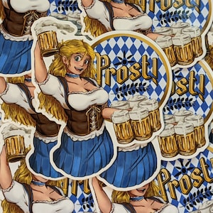 May include: A sticker featuring a cartoon woman in a traditional German dirndl dress holding a tray of beer mugs. The sticker has a blue and white checkered background with the word "Prost!" in gold lettering.