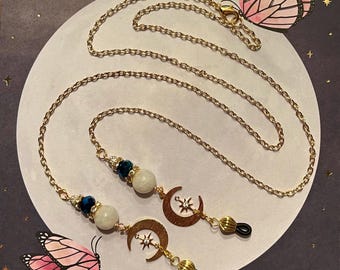 Silver or Gold Moon Maidan Glasses Chain, handmade eyeglasses chain, eye glass chain, witchy gift for her, goth accessory, moon and stars