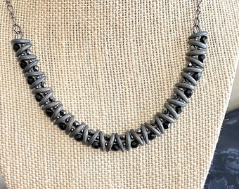 Woven Black & Grey Crescent Bead Necklace