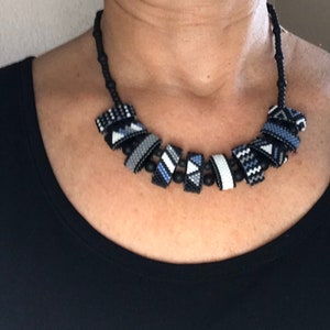 Blue, Black, and White Beaded Necklace