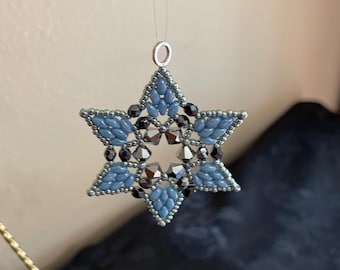 Beaded Christmas Star Ornament: Blue and Grey, Beadwoven, Handmade
