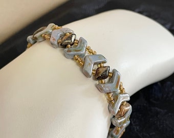 Beaded Blue and Bronze Chevron Design Bracelet / Gifts for Her