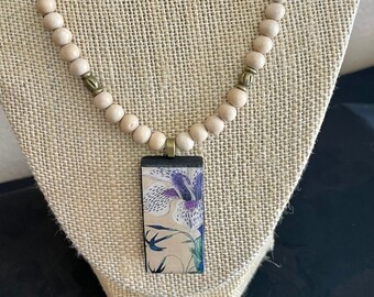 Purple Lily Vintage Domino Pendant Necklace and Natural Philippino Wood Beads