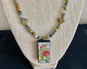 Red Lily Vintage Domino Pendant Necklace and Natural African Green Opal Beads