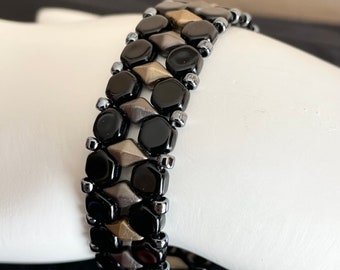 Bead Woven Handmade Honeycomb Bracelet Black and Hematite