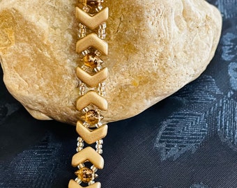 Beaded Gold and Topaz Chevron Design Bracelet / Gifts for Her