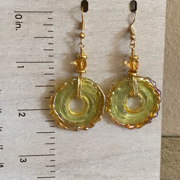 Sweet Gold Shimmer Glass Earrings / Spiral Disc / Lampwork Glass Disc / Artisan Made