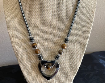 Hemalyke & Tiger Eye Handmade Open Heart Necklace