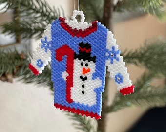 Snowman with Candy Cane Beaded Sweater Ornament