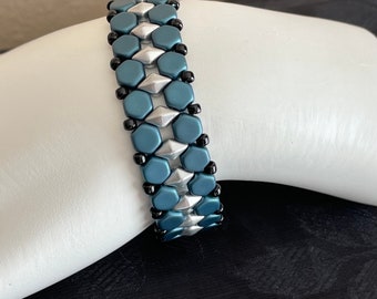 Bead Woven Handmade Blue and Silver Honeycomb Bracelet