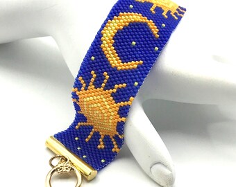 Blue and Yellow Sun & Moon Celestial Statement Bracelet / Made to Order