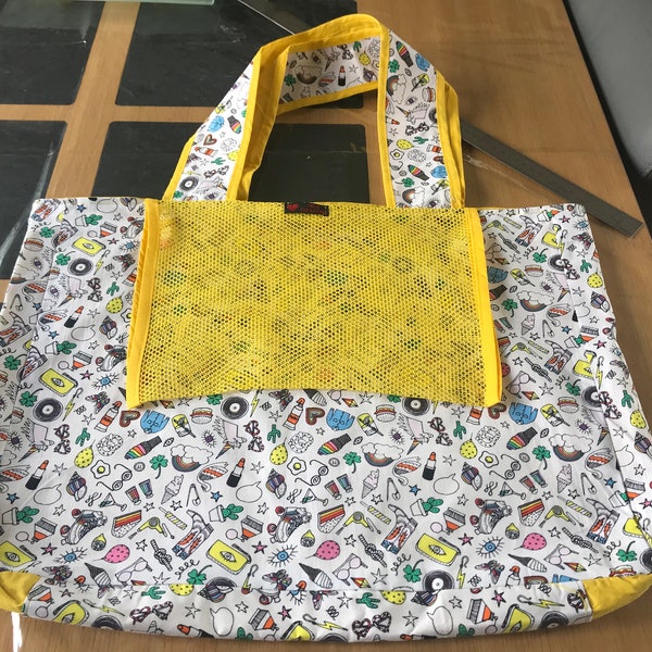 Sac de sport Sac de Yoga ou Cabas de courses jaune et blanc avec filet porte tapis ou baguette