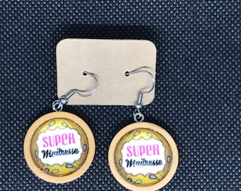 Earrings in Resin and Wood Cabochon "Super mistress" Several models