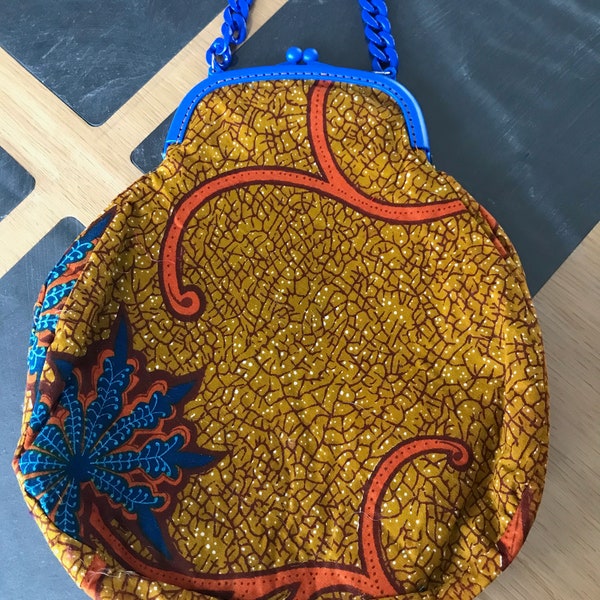 Sac à main Ethnique en coton africain Wax bleu marron - Fermoir rigide  et Chaine bleu