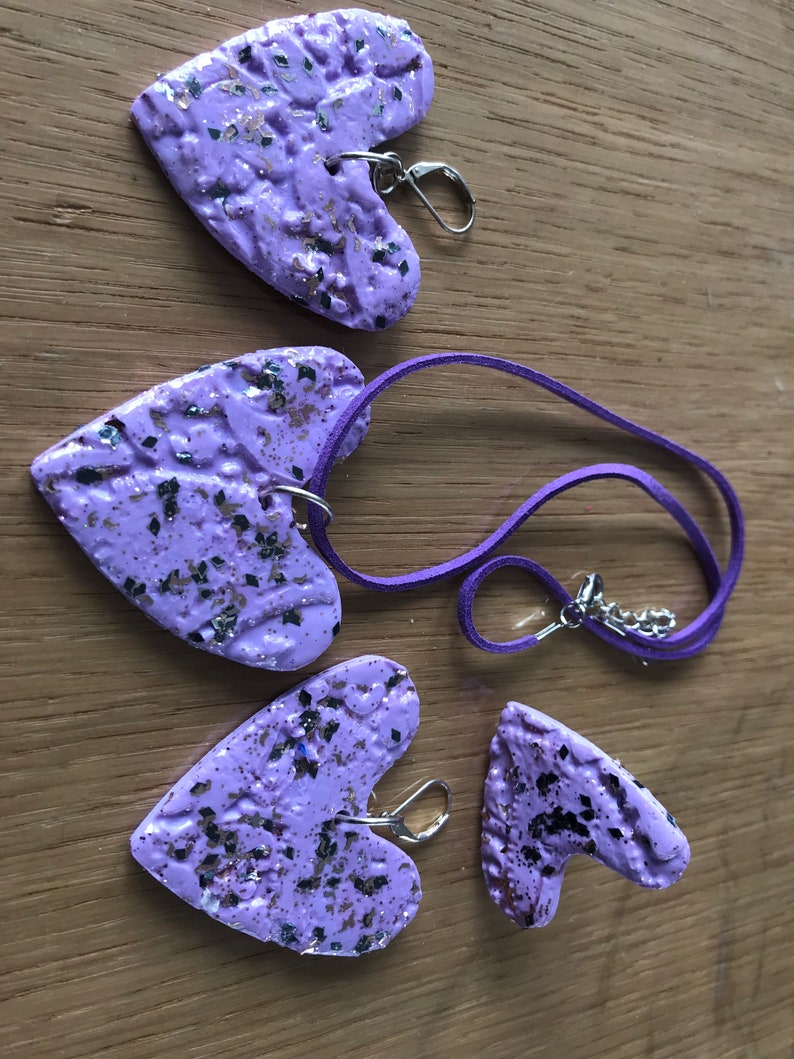 Pendientes de collar de 3 piezas anillo Corazones Fimo Polymer Pasta Violeta imagen 1