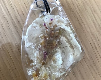 Resin pendant necklace with rose petal inlay and lavender Cord leather